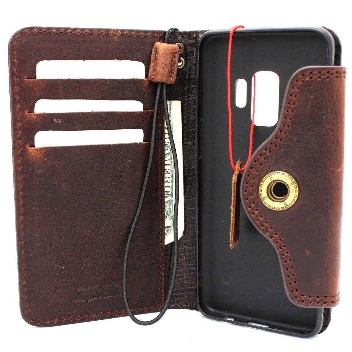 Genuine high-quality dark leather wallet-style phone case for Samsung Galaxy S9 with Jafo design, handmade and wireless charging compatible
