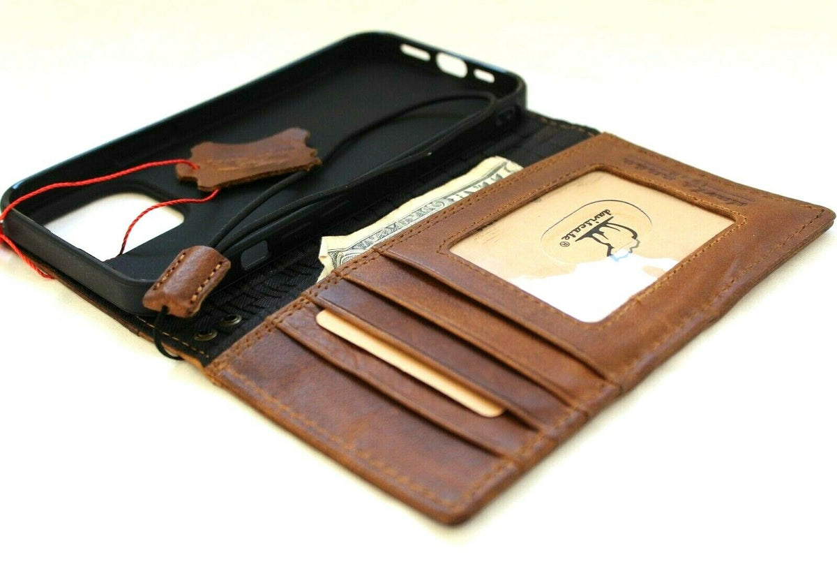 Handcrafted leather wallet case for iPhone 11-15 Pro Max, vintage DavisCase with lion embossing, credit card slots, full grain leather.