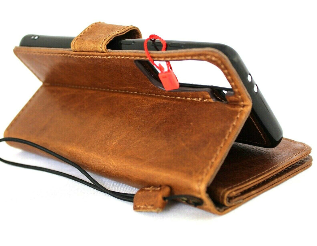 DavisCase genuine full leather book wallet case for Samsung Galaxy S21 Plus 5G with card slots, magnetic stand, and window feature.