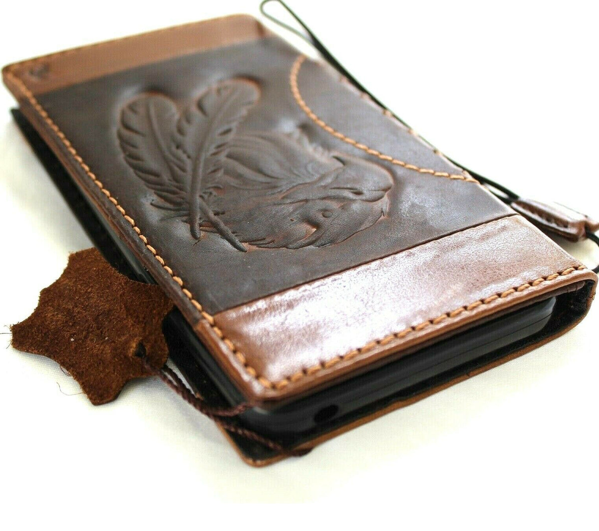 DavisCase genuine leather phone wallet case for iPhone 11-15 Pro Max, vintage eagle design with credit card slots and handcrafted detail