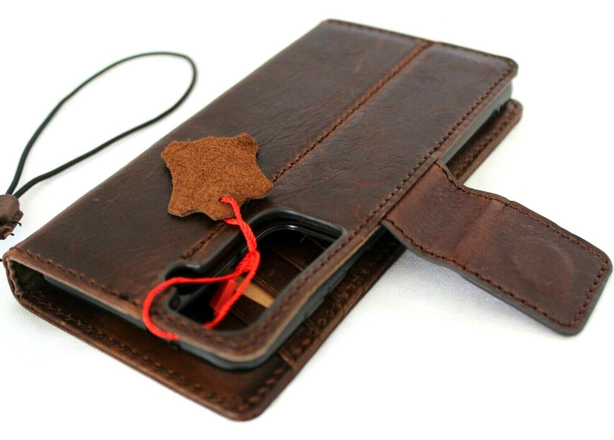 DavisCase genuine full leather book wallet case for Samsung Galaxy S21 Plus 5G with ID window, card slots, and magnetic stand.