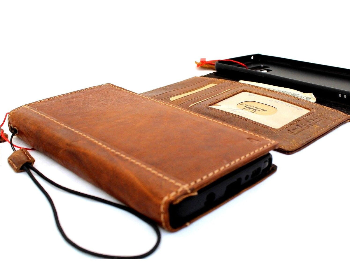 Vintage tan leather Samsung Galaxy Note 9 wallet case with elastic strap, card slots, handcrafted by DavisCase.