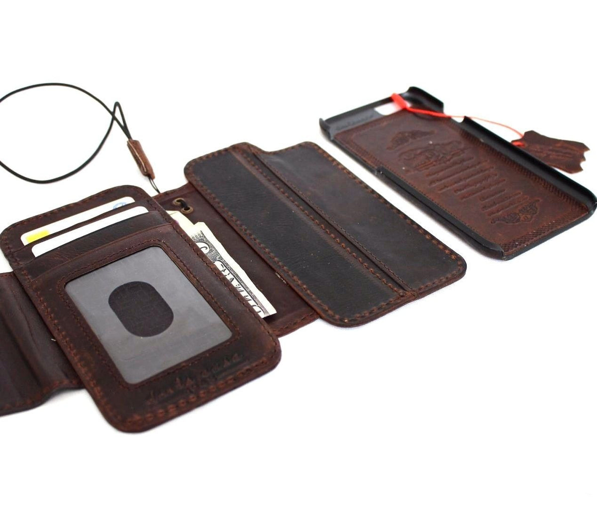 Handmade genuine Italian leather iPhone 6/6s wallet case with removable credit holder and secure book-style cover.
