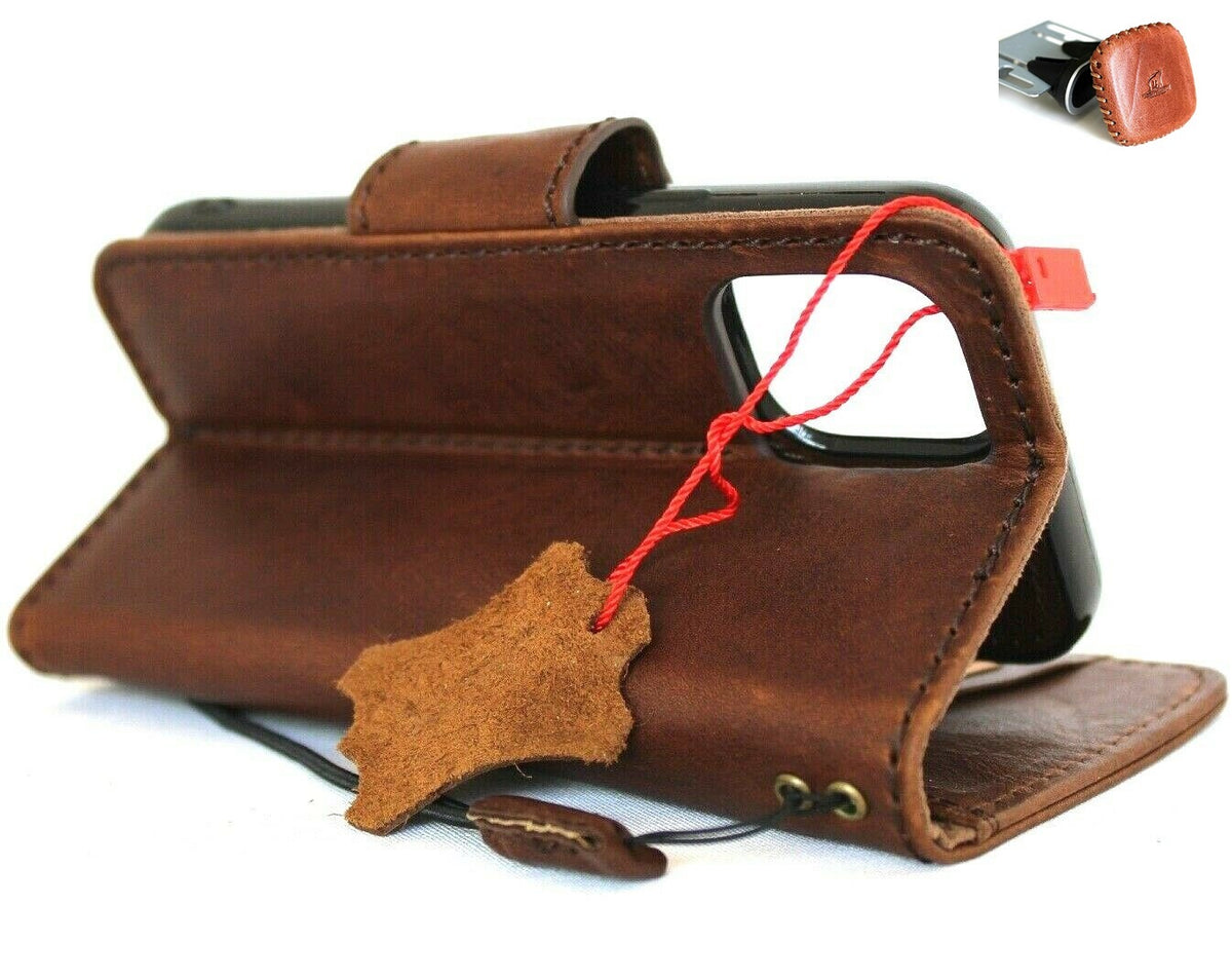 Genuine dark leather iPhone 12 Mini case by DAVISCASE with card slots, soft closure, magnetic removable cover, and magnetic car holder.