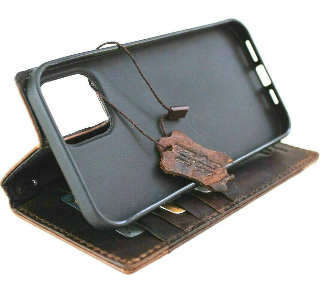 Handmade genuine leather wallet case for iPhone 11-15 Pro Max, vintage style with ID window and credit card slots by DAVISCASE.
