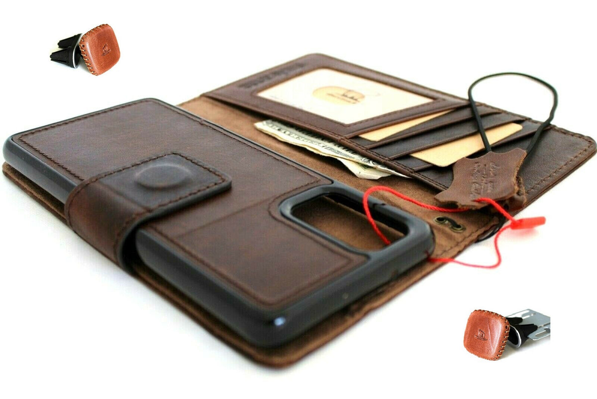 Dark leather Samsung Galaxy Note 20 case with wallet design, card slots, ID window, magnetic stand, and car holder by DAVISCASE.
