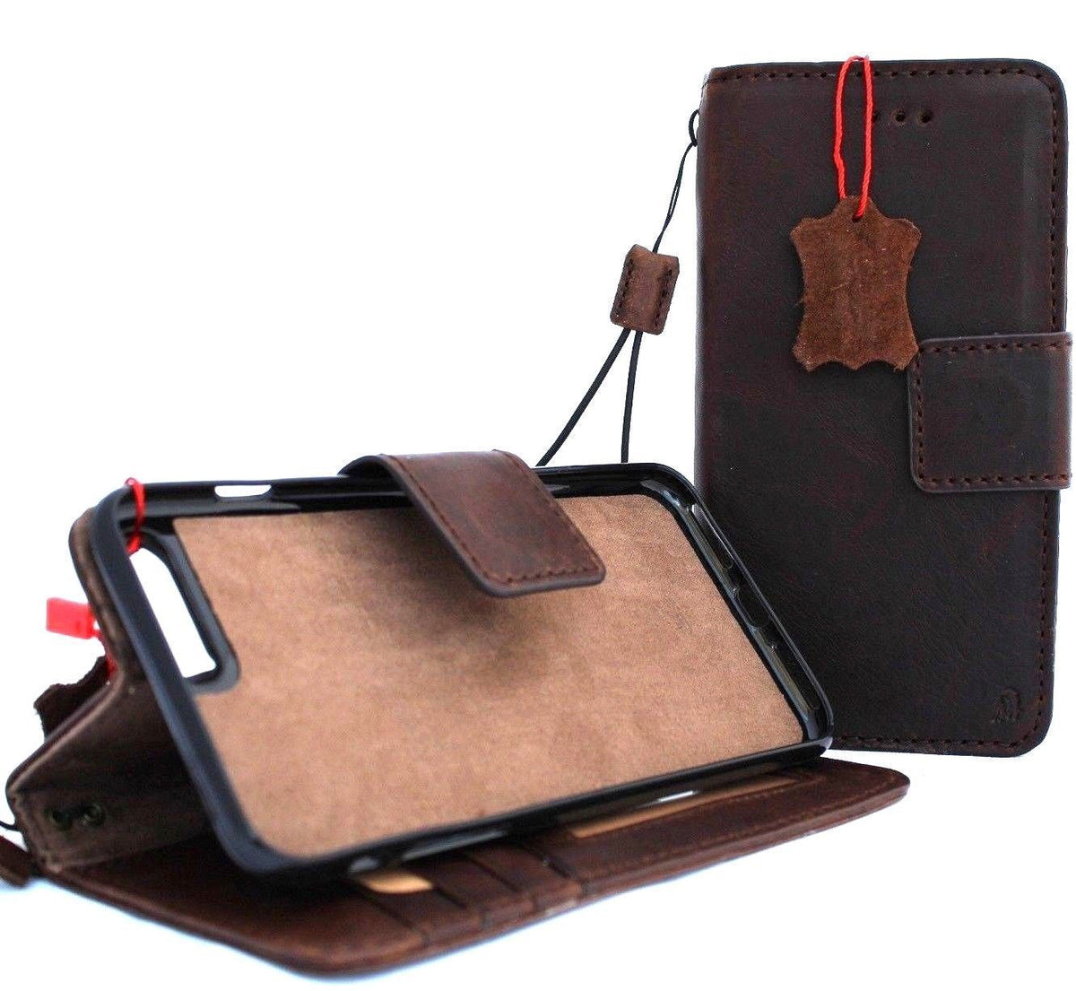 Genuine leather iPhone 8 book wallet case by DAVISCASE with card slots, slim vintage design, detachable magnetic closure.