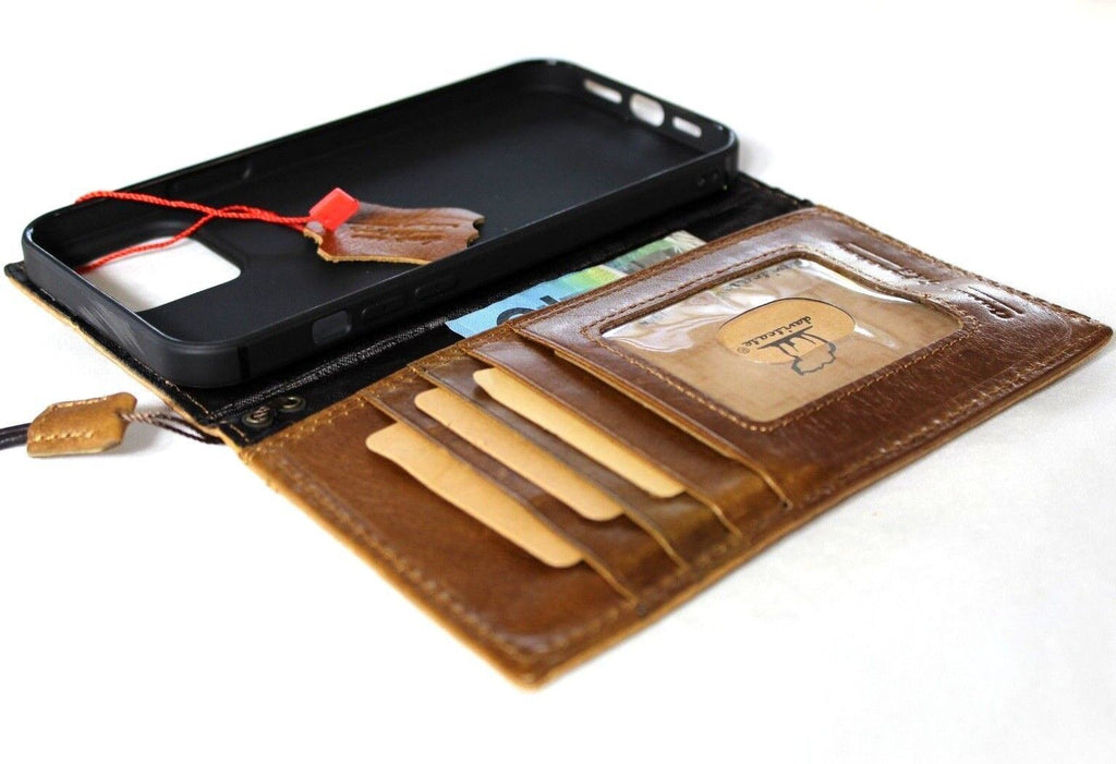 DavisCase handmade genuine leather phone wallet case for iPhone 11-15 Pro Max, vintage full grain tan with card slots and craft details.