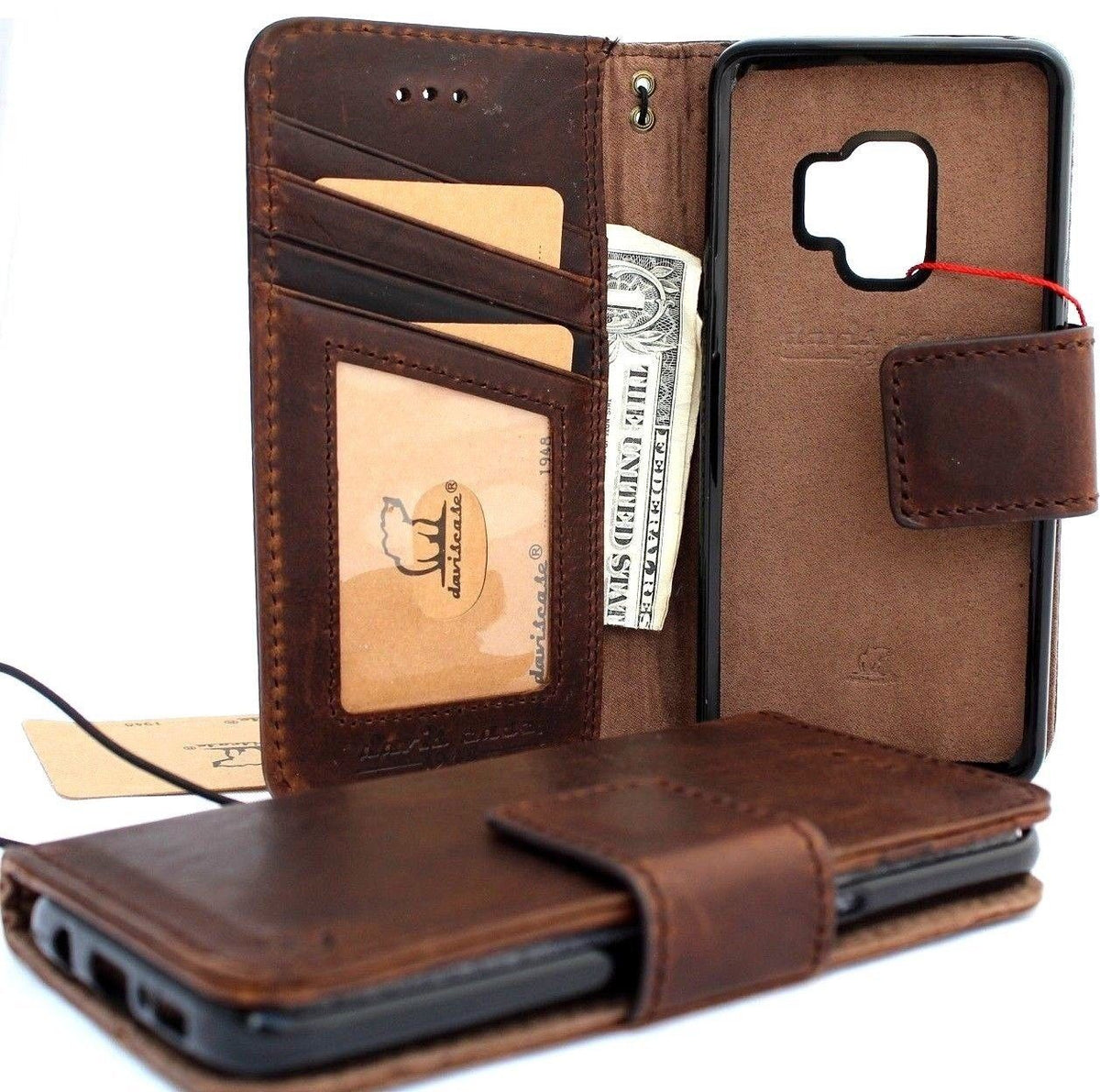 Vintage brown leather wallet case for Samsung Galaxy S9 by DAVISCASE with removable card slots and window display.