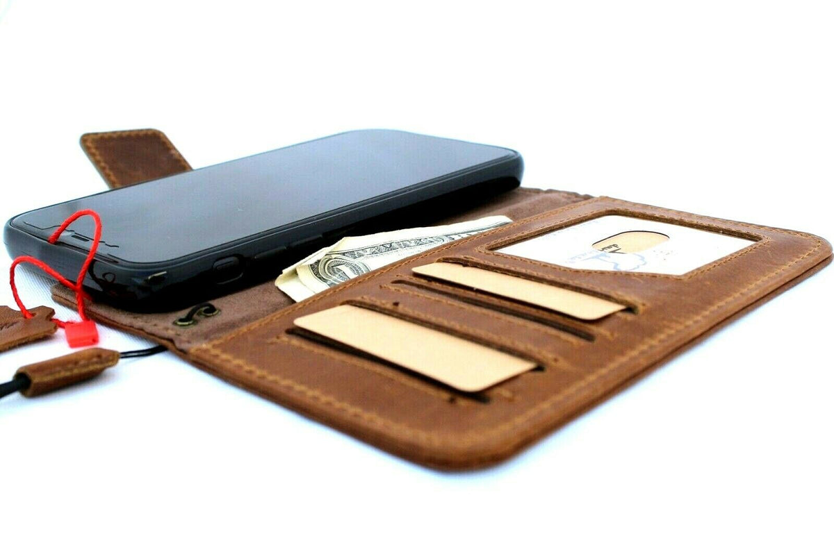 Handmade genuine full tanned leather iPhone 11 Pro Max case with wallet features, ID window, credit card slots, and soft wireless charging.