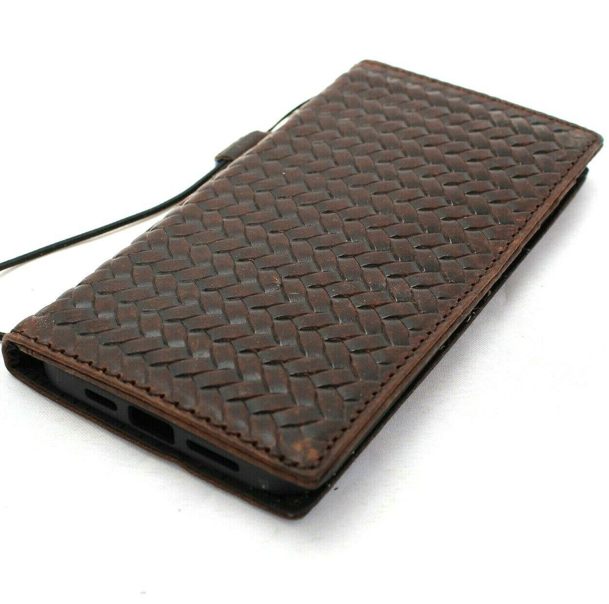 Genuine dark leather iPhone 12 Pro Max case by DAVISCASE with wallet design, ID window, credit card slots, soft slim cover, vintage style