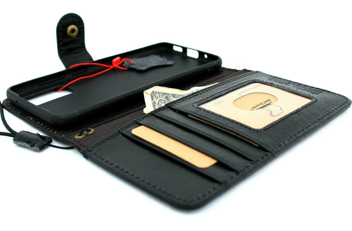 Black leather Samsung Galaxy S20 book wallet case with ID window, handmade rubber holder, designed for wireless charging by DavisCase.