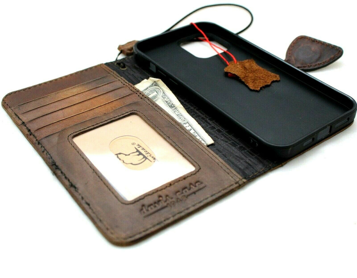 Handmade genuine leather phone case for iPhone 15, 14, 13, 16, 17 Pro Max with vintage style, credit card slots, and magnetic closure.