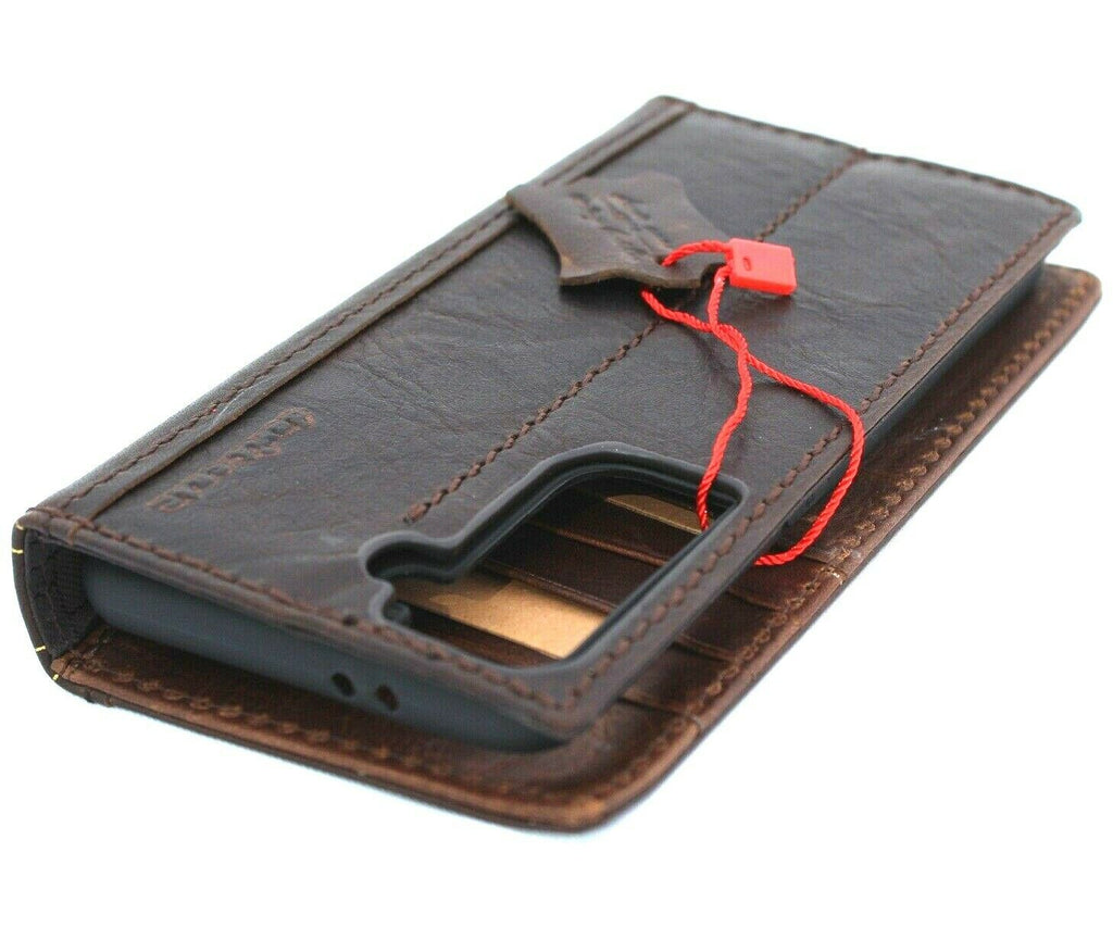 Genuine leather Samsung Galaxy S21 Bible design wallet case with card slots, ID window, wireless charging holder by DAVISCASE.