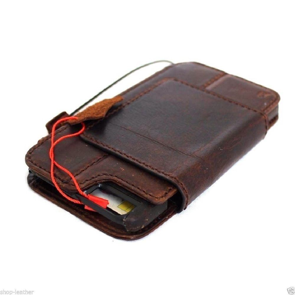 Dark brown genuine leather iPhone SE 2 2020 case from DAVISCASE with wallet card slots, magnetic closure, slim book-style design.
