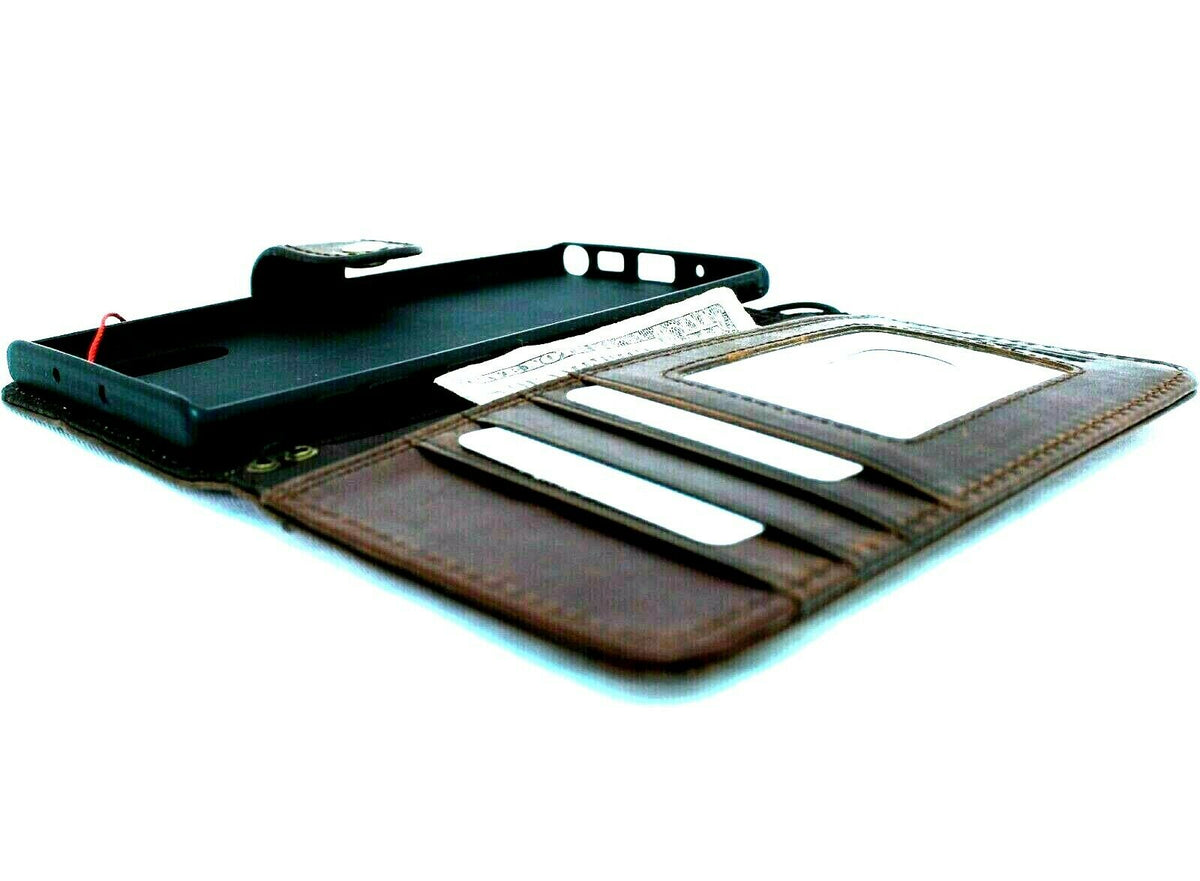 Handmade genuine leather Samsung Galaxy Note 10 wallet case with card slots, button closure, flip design, and rubber strap.
