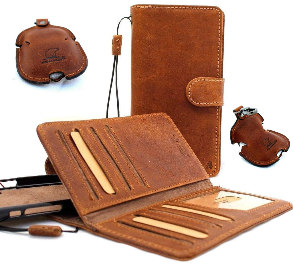 Leather wallet case for Apple iPhone XR by DAVISCASE with magnetic closure, credit card slots, AirPods 2 holder, and removable rubber cover.