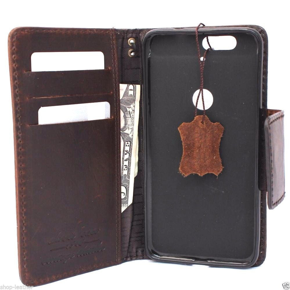 Handmade genuine leather book wallet case for Huawei Nexus 6P, featuring retro art brown design and magnet closure.