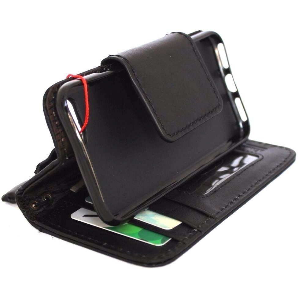 Black genuine leather iPhone 8 case with wallet and card slots, magnetic closure, slim design, compatible with wireless charging.