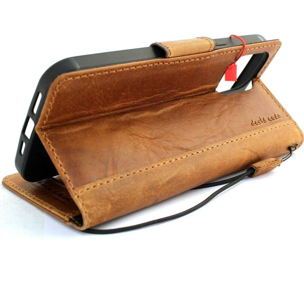 Handmade DAVISCASE genuine leather phone case for iPhone 13 to 15 Pro Max with vintage style, credit card slots, and magnetic closure.