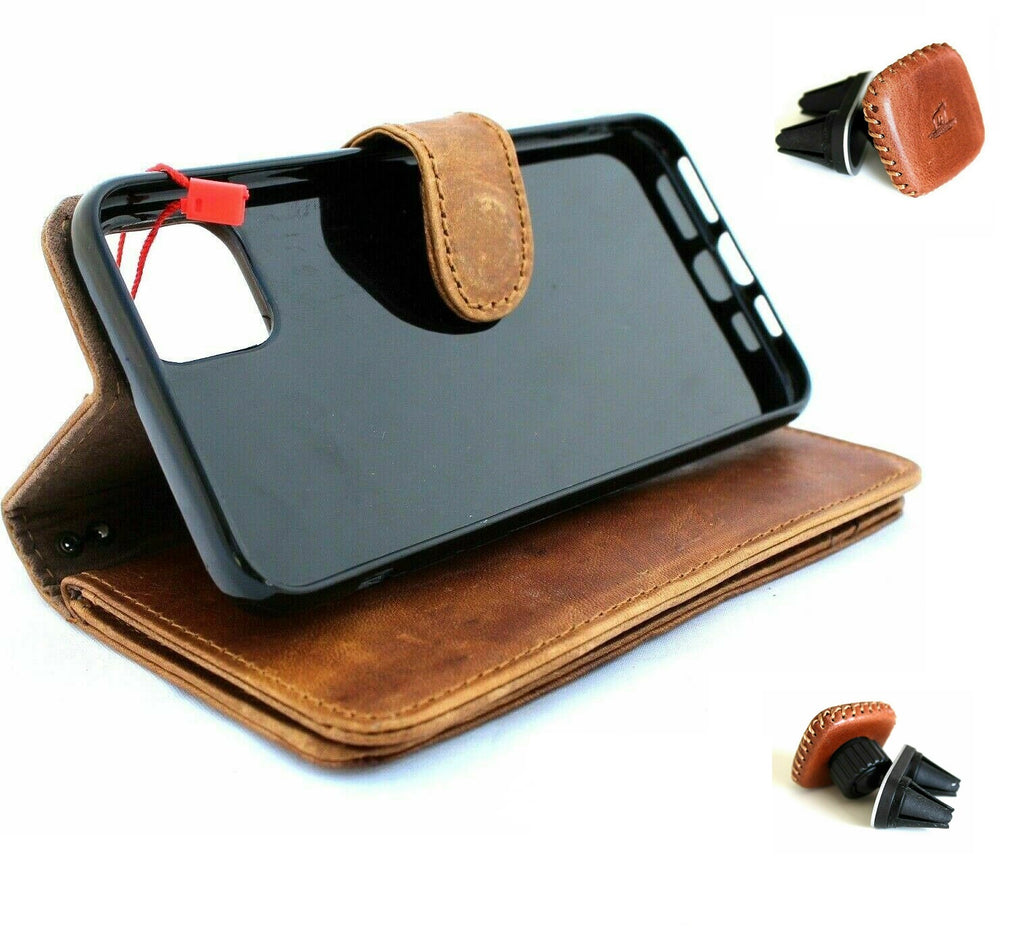 Genuine full leather wallet phone case for Apple iPhone 11 Pro Max by DAVISCASE, with magnetic car holder and removable cover.