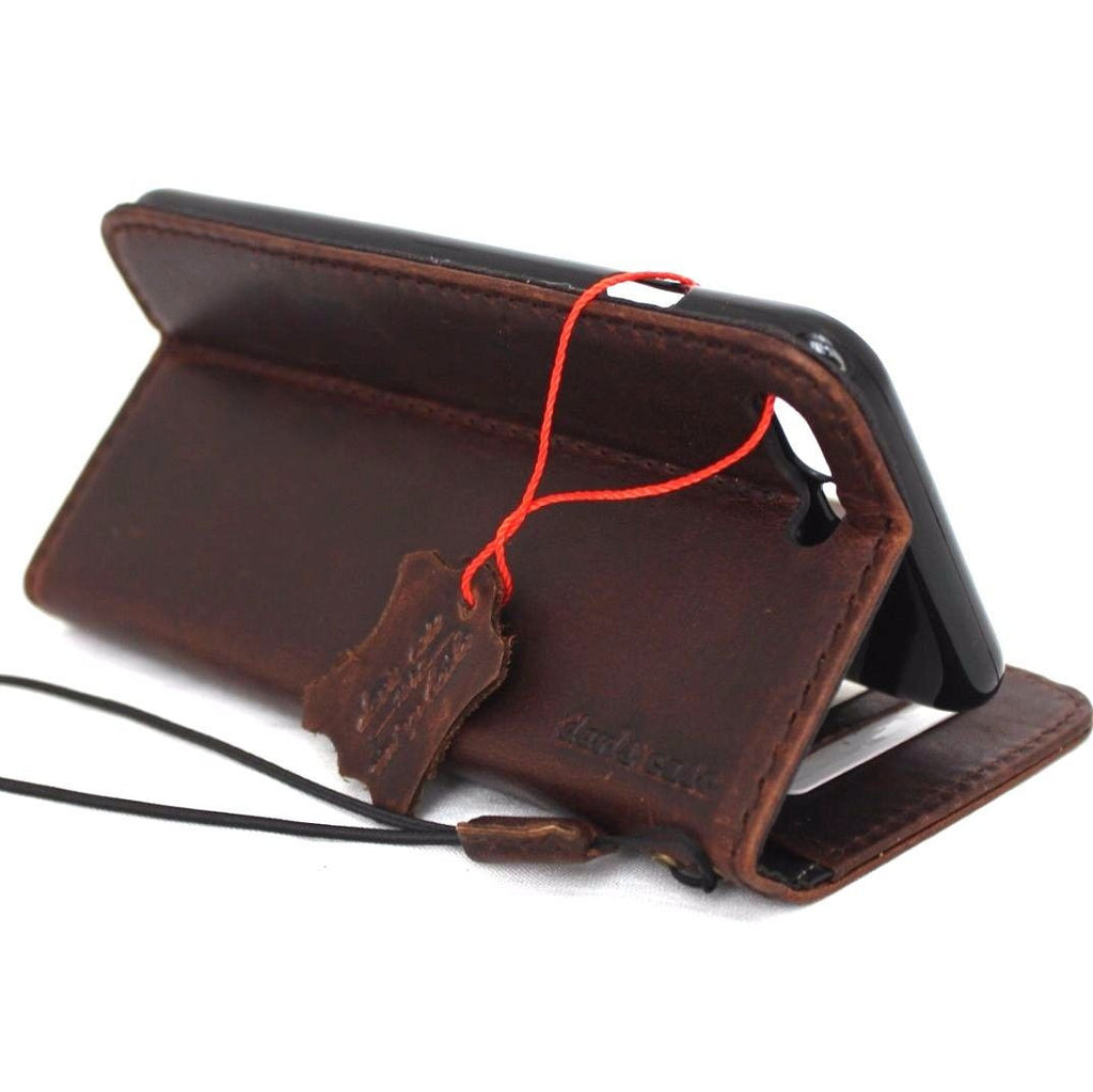 Dark brown leather iPhone 8 Plus case with magnetic closure and card holder, handcrafted by DAVISCASE, featuring a luxurious wallet design.