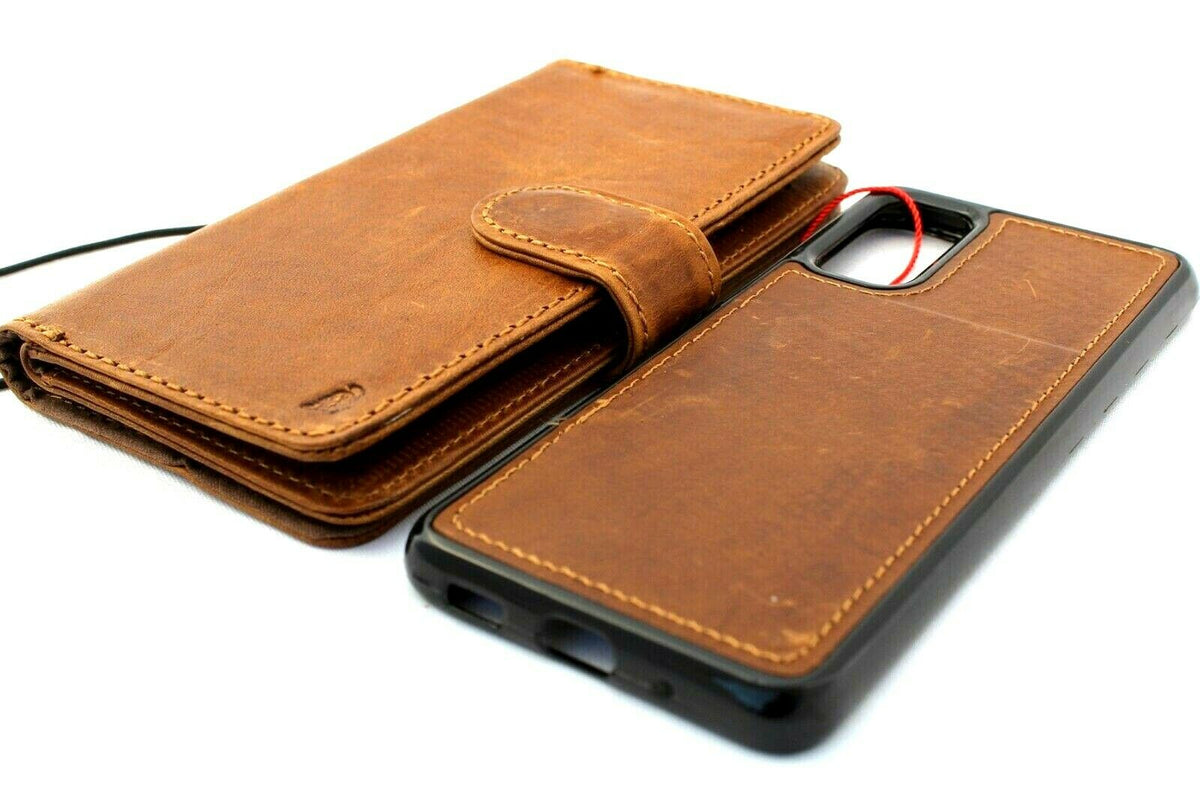 Genuine leather book wallet case for Samsung Galaxy S20 by DAVISCASE with card slots, window, removable cover, and magnetic slim design.