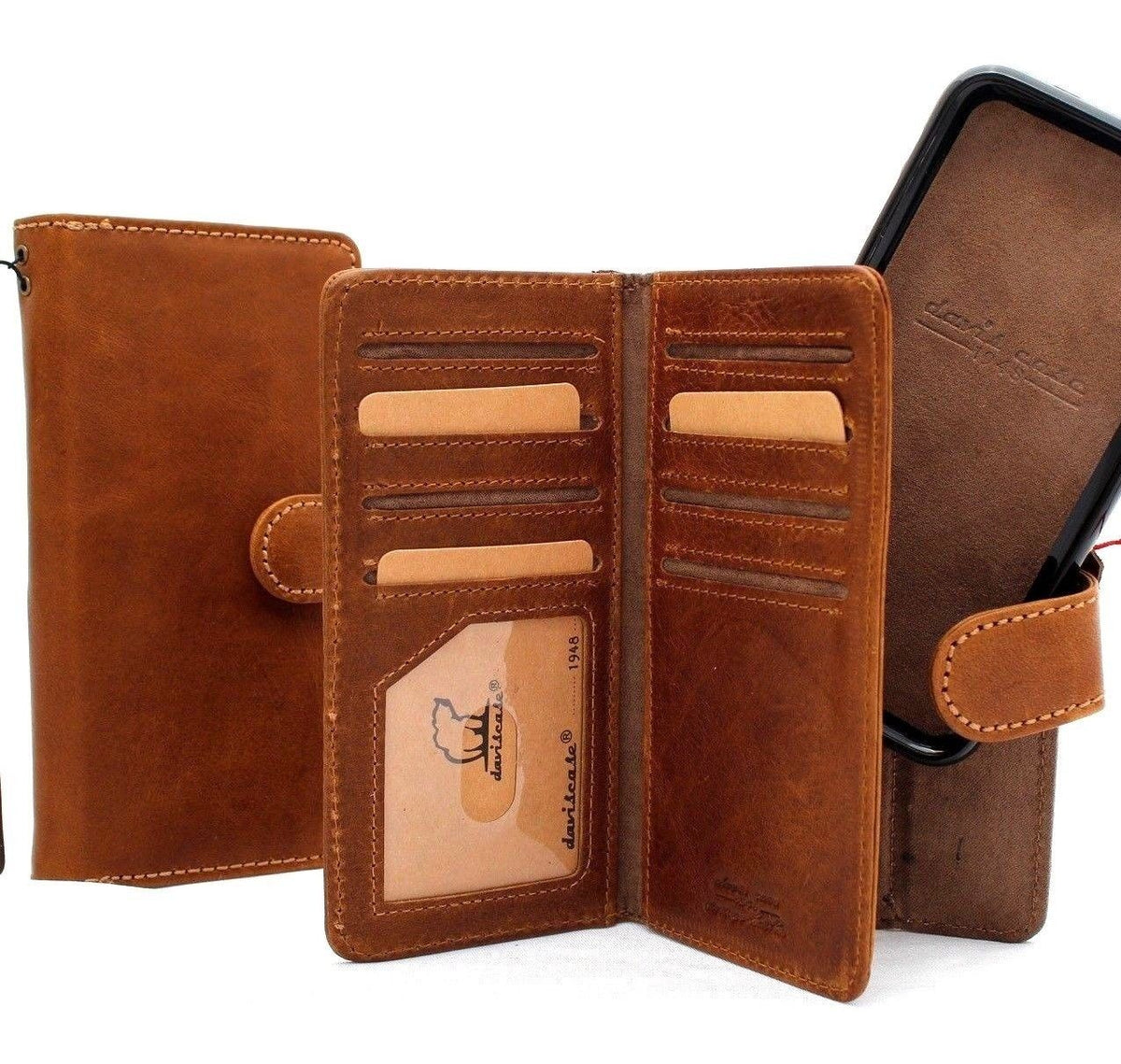 Genuine full leather iPhone 8 case with removable wallet cover, card slots, ID window, magnetic closure, slim and soft rubber edges.