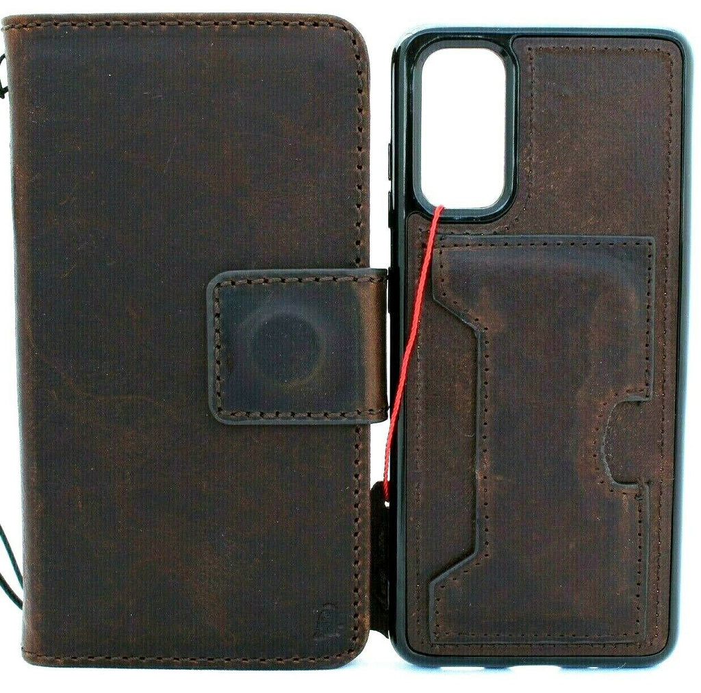 Genuine DavisCase full leather wallet case for Samsung Galaxy S20 with luxury slots, removable holder, and wireless charging support.