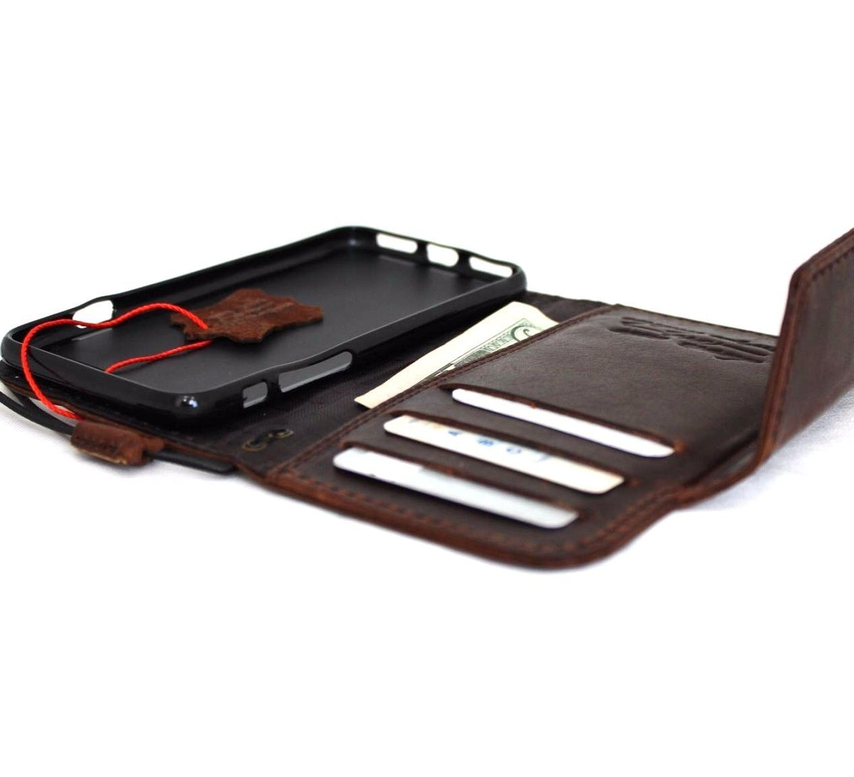 Genuine full leather iPhone 8 case with wallet design, card slots, magnetic closure, slim fit, compatible with wireless charging.