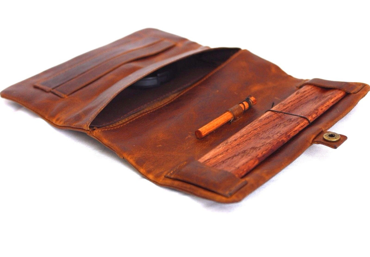 Genuine brown leather DAVISCASE men's wallet and tobacco pouch with hookah and rolling paper holder, vintage style.