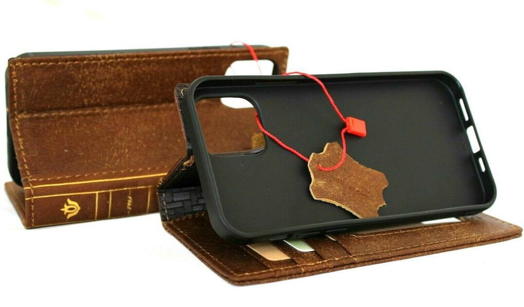 Genuine full tan leather iPhone 12 case by DAVISCASE with book Bible design, credit card slots, soft cover, full grain leather.