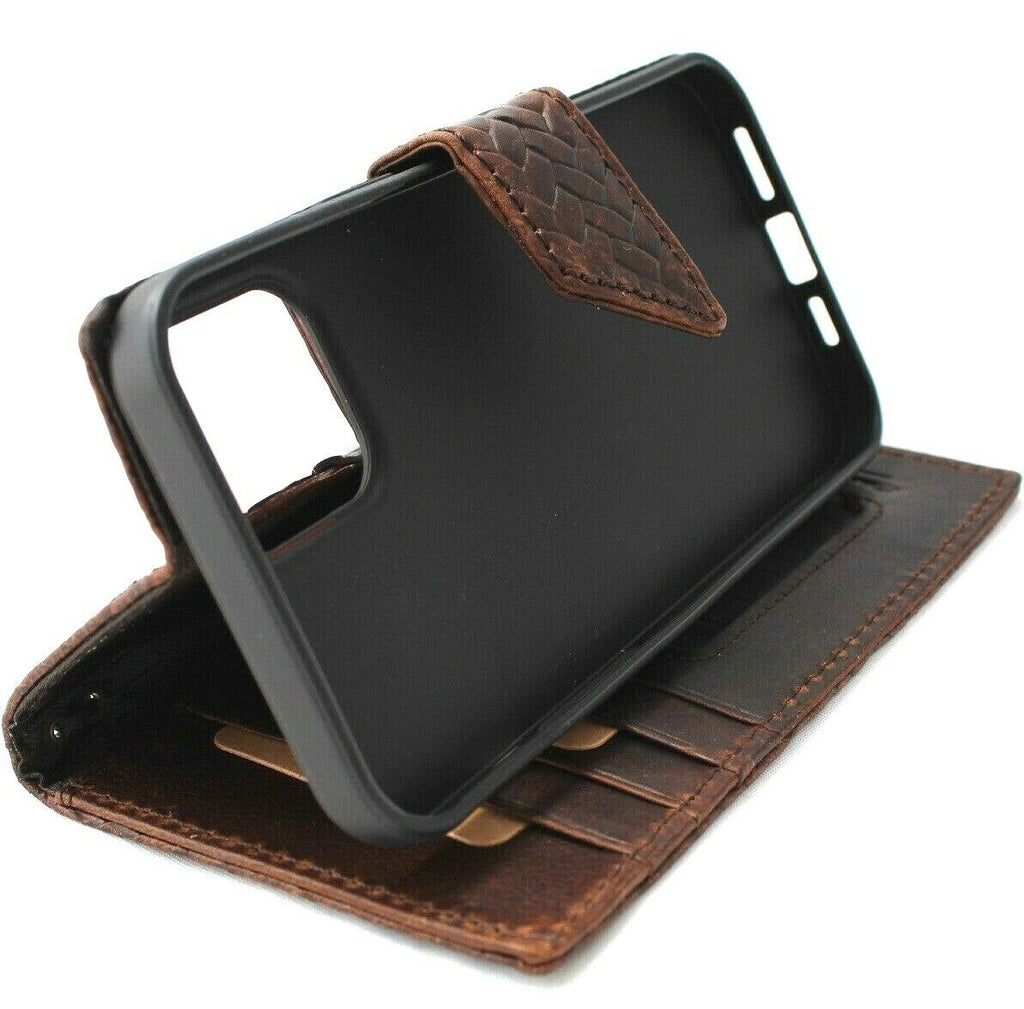 Handmade genuine leather wallet case for iPhone models, featuring vintage style, magnetic closure, and precise device cutouts.