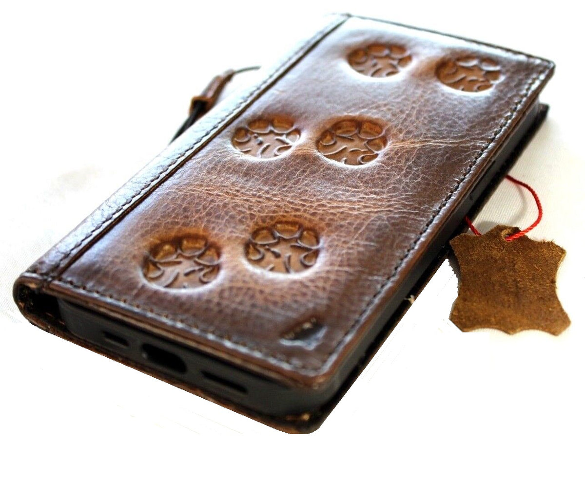 Handcrafted genuine leather wallet case for iPhone 11-15 Pro Max, featuring vintage dog paw design, credit card slots, and full grain leather.
