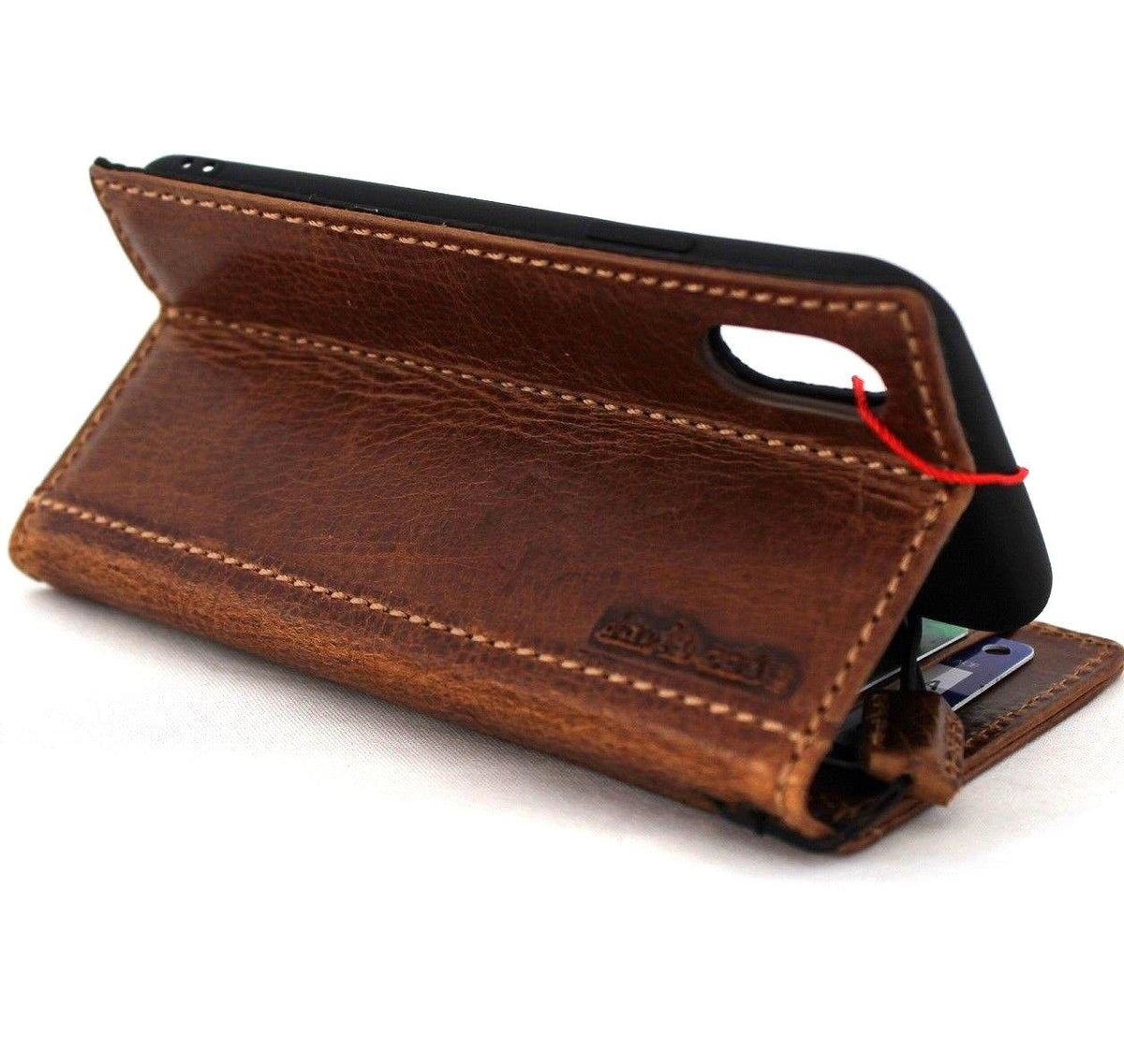 Handmade genuine cow leather iPhone XS case cover with wallet holder, soft and slim design in retro style.