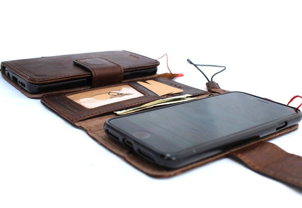 Dark soft leather iPhone SE 2 case with wallet design, card slots, magnetic closure, slim fit, Davis Classic brand.