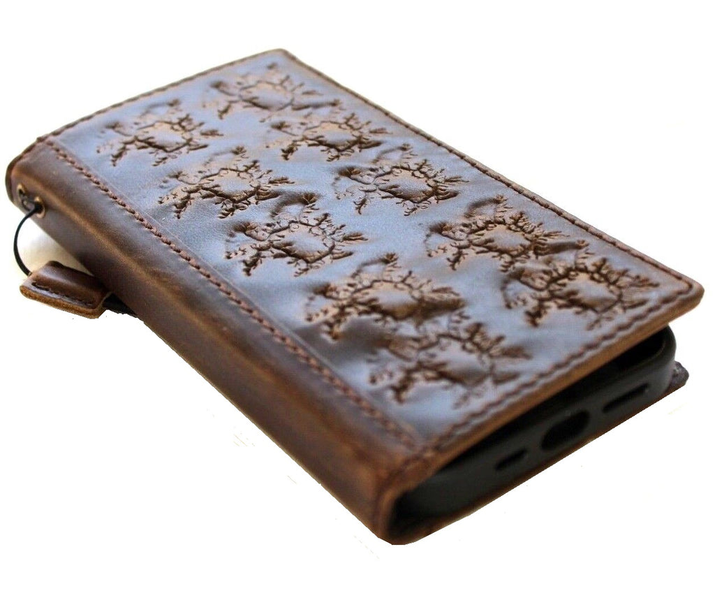 Handcrafted genuine leather phone case by DAVISCASE for iPhone 14, 13, 12, 11, 15 Pro Max, with card slots and vintage style.
