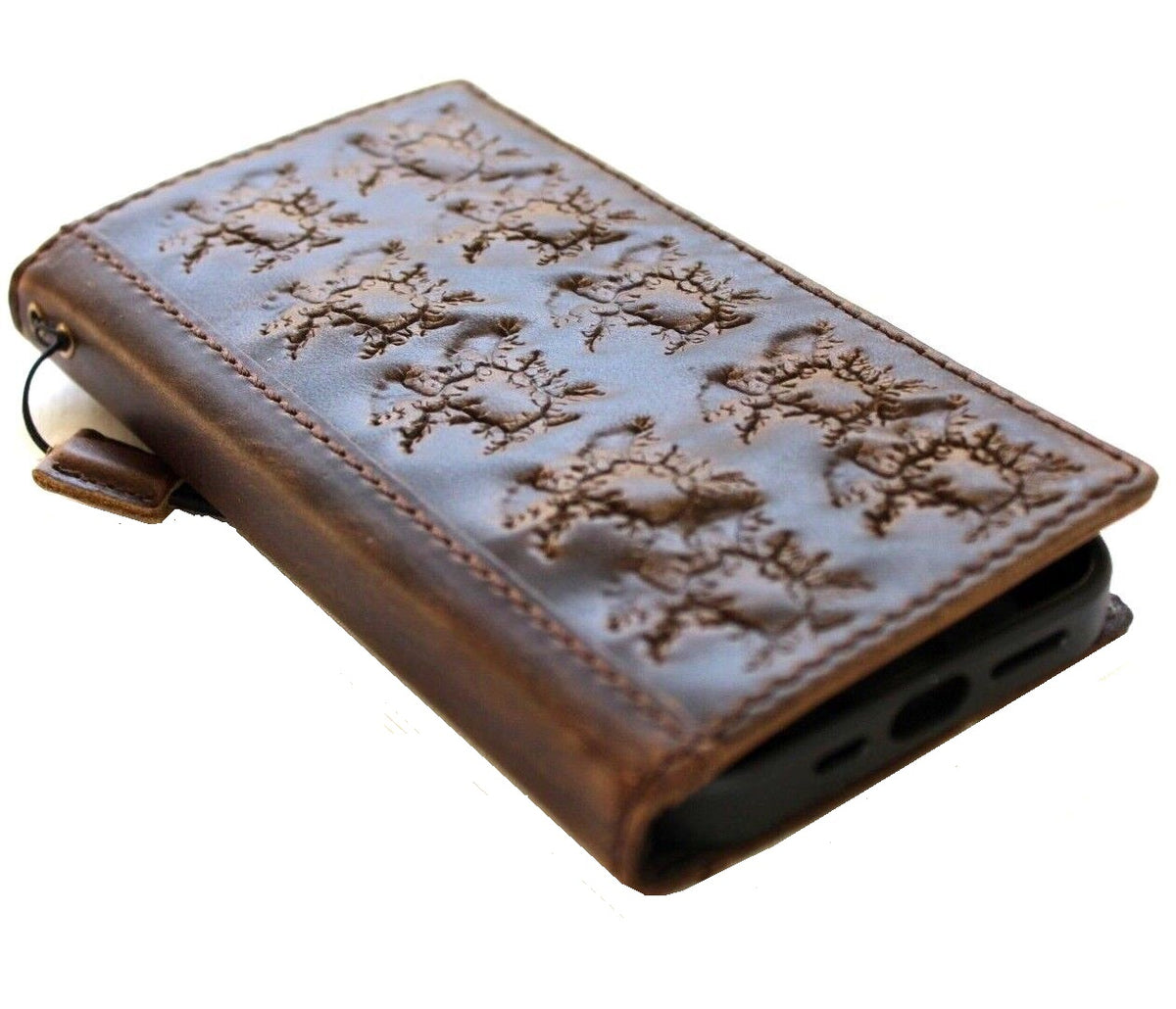 Handcrafted genuine leather phone case by DAVISCASE for iPhone 14, 13, 12, 11, 15 Pro Max, with card slots and vintage style.