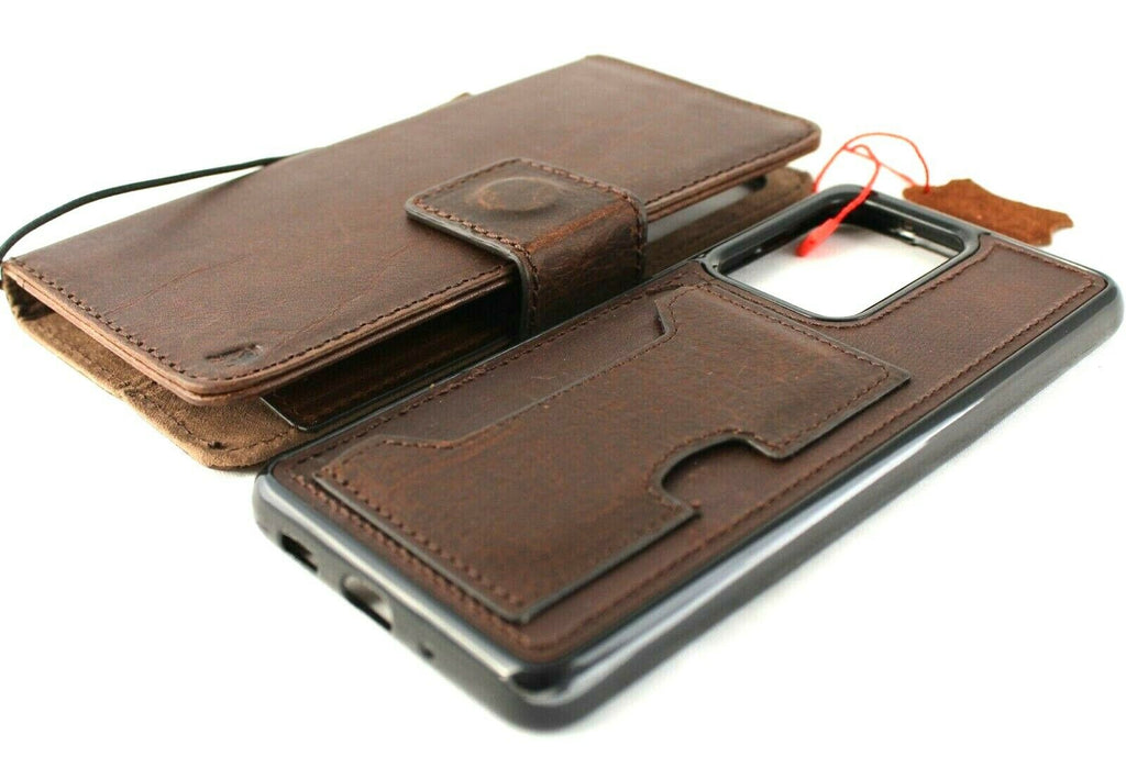 Genuine leather Samsung Galaxy Note 20 Ultra case with wallet slots, removable holder, rubber window, and wireless charging compatibility.