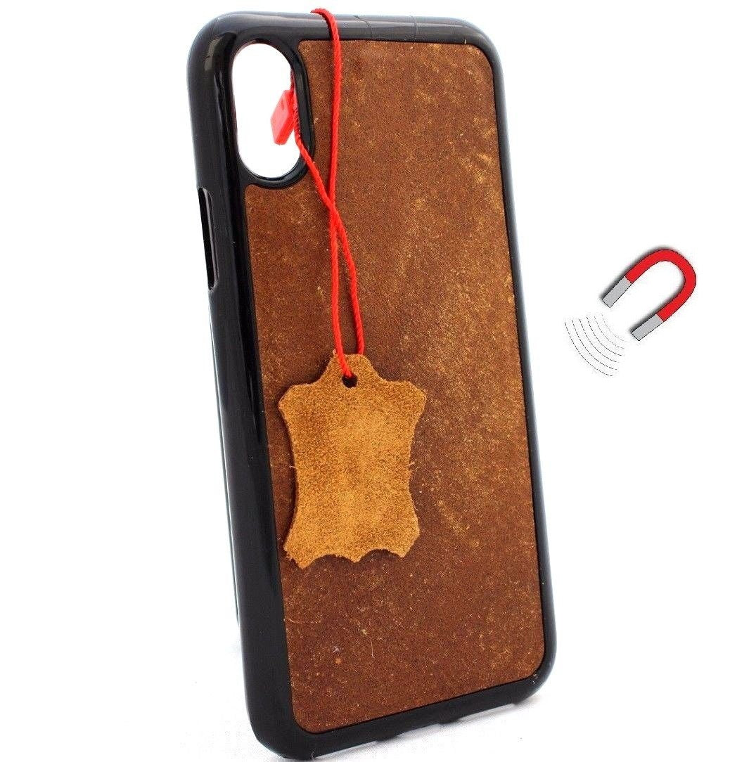 Bright brown genuine leather iPhone X case with vintage book wallet design and magnetic closure by DAVISCASE.
