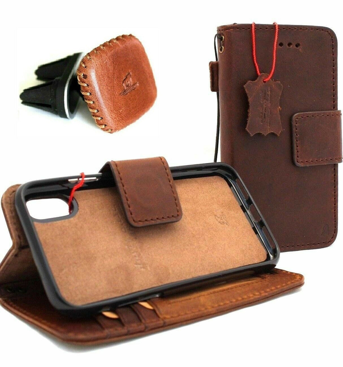 Genuine full leather iPhone XS case by DAVISCASE with wallet design, credit card slots, removable magnetic stand, and slim fit.