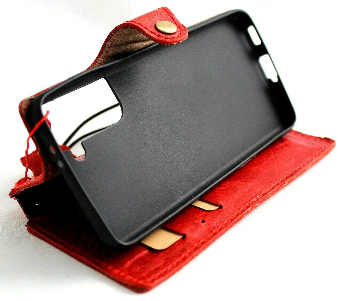 Handmade genuine red leather Samsung Galaxy S21 wallet case with rubber holder, wireless charging compatible by DavisCase.