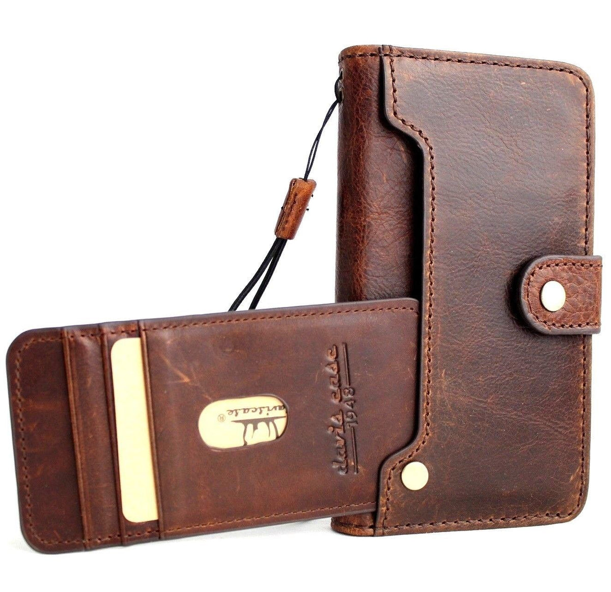 Genuine leather Samsung Galaxy S10e wallet case by DAVISCASE with card slots, stand feature, and magnetic closure.