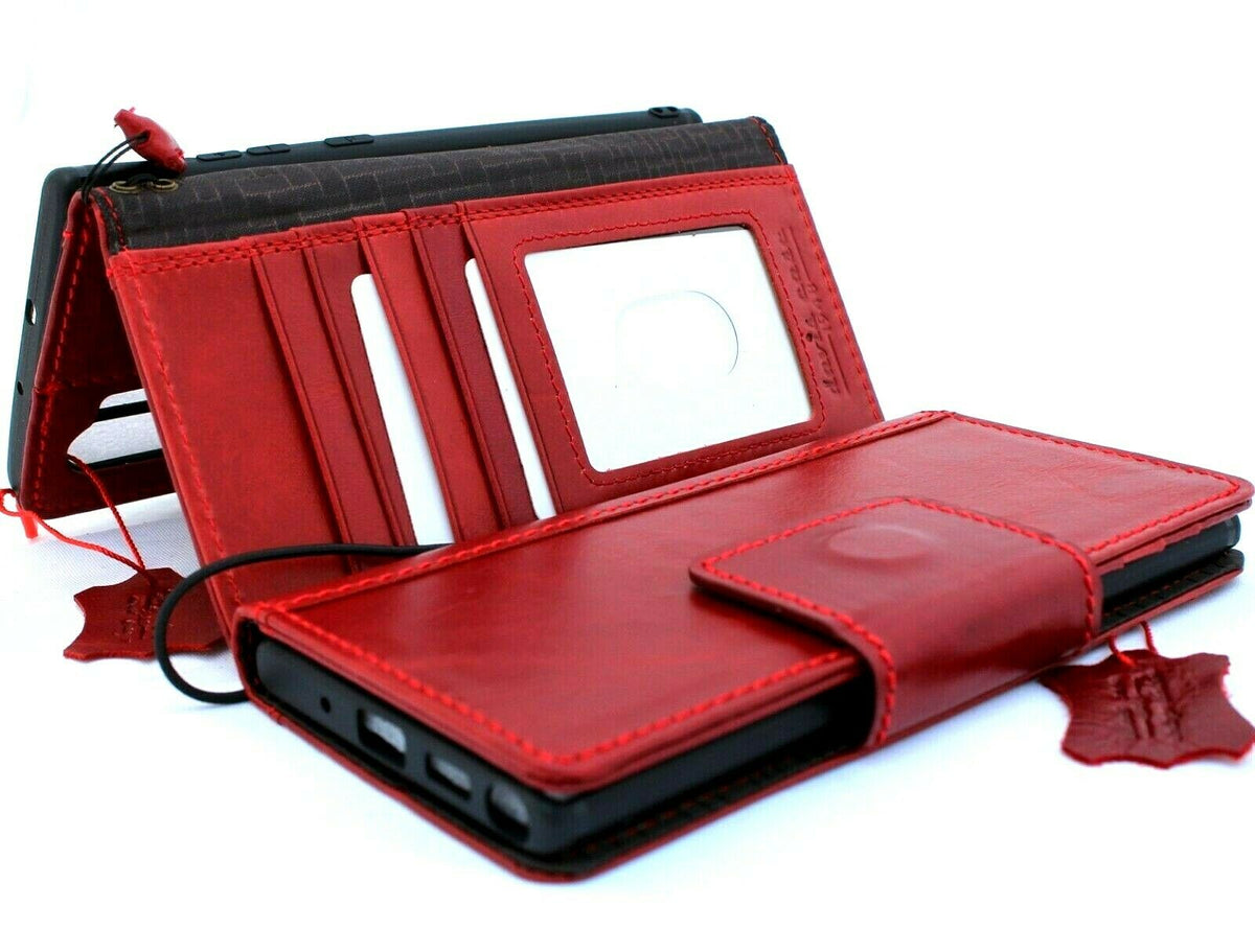 Red genuine full leather flip wallet case for Samsung Galaxy Note 10 Plus by DAVISCASE, with card slots and magnetic closure.