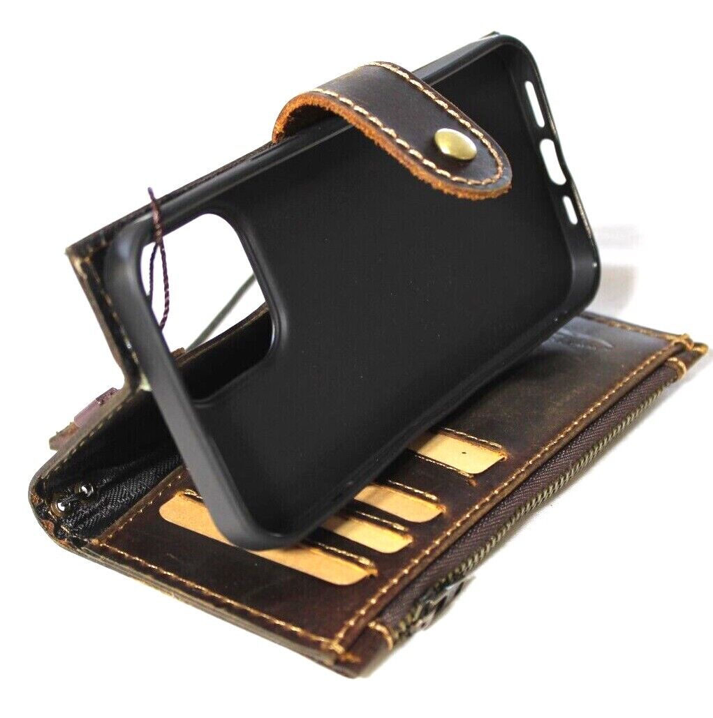 Vintage-style DAVISCASE genuine leather wallet case for iPhone 11-15 Pro Max with ID window, credit card slots, and zipper closure.