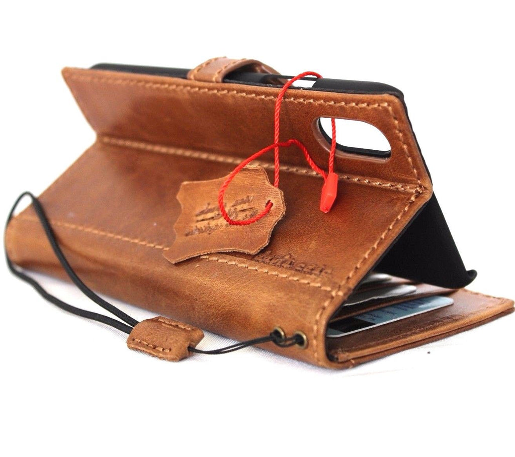 Bright brown genuine leather iPhone X case with magnetic closure, card slots, vintage slim design, handmade by Daviscase D.