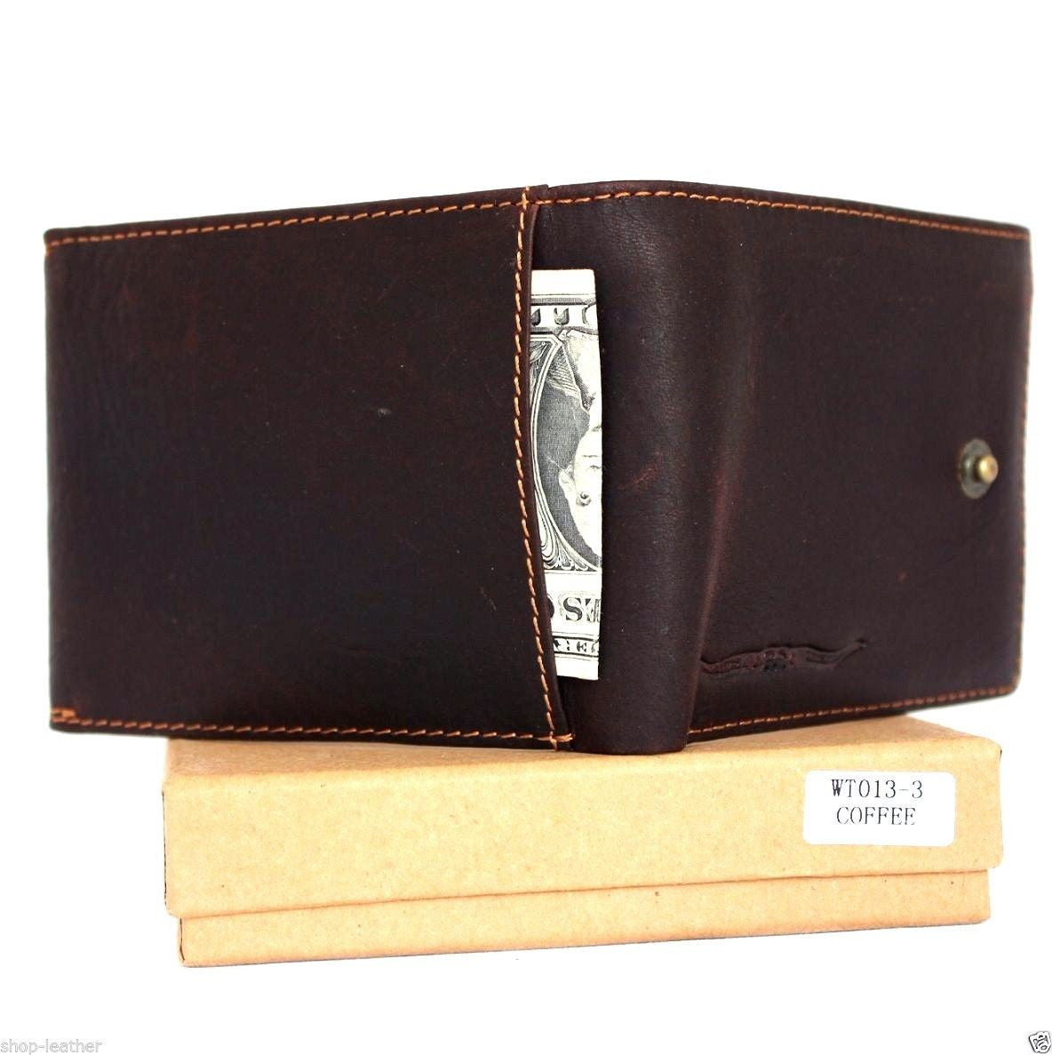 Men's brown DAVISCASE leather wallet with 4 card slots, ID window, and 2 bill sections, bi-fold design.