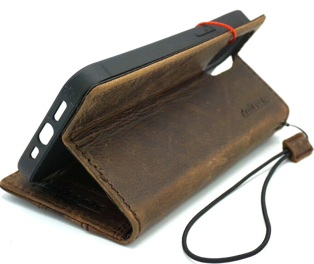 Handcrafted genuine leather wallet case for Apple iPhone 11-15 Pro Max, vintage style with credit card slots by DAVISCASE