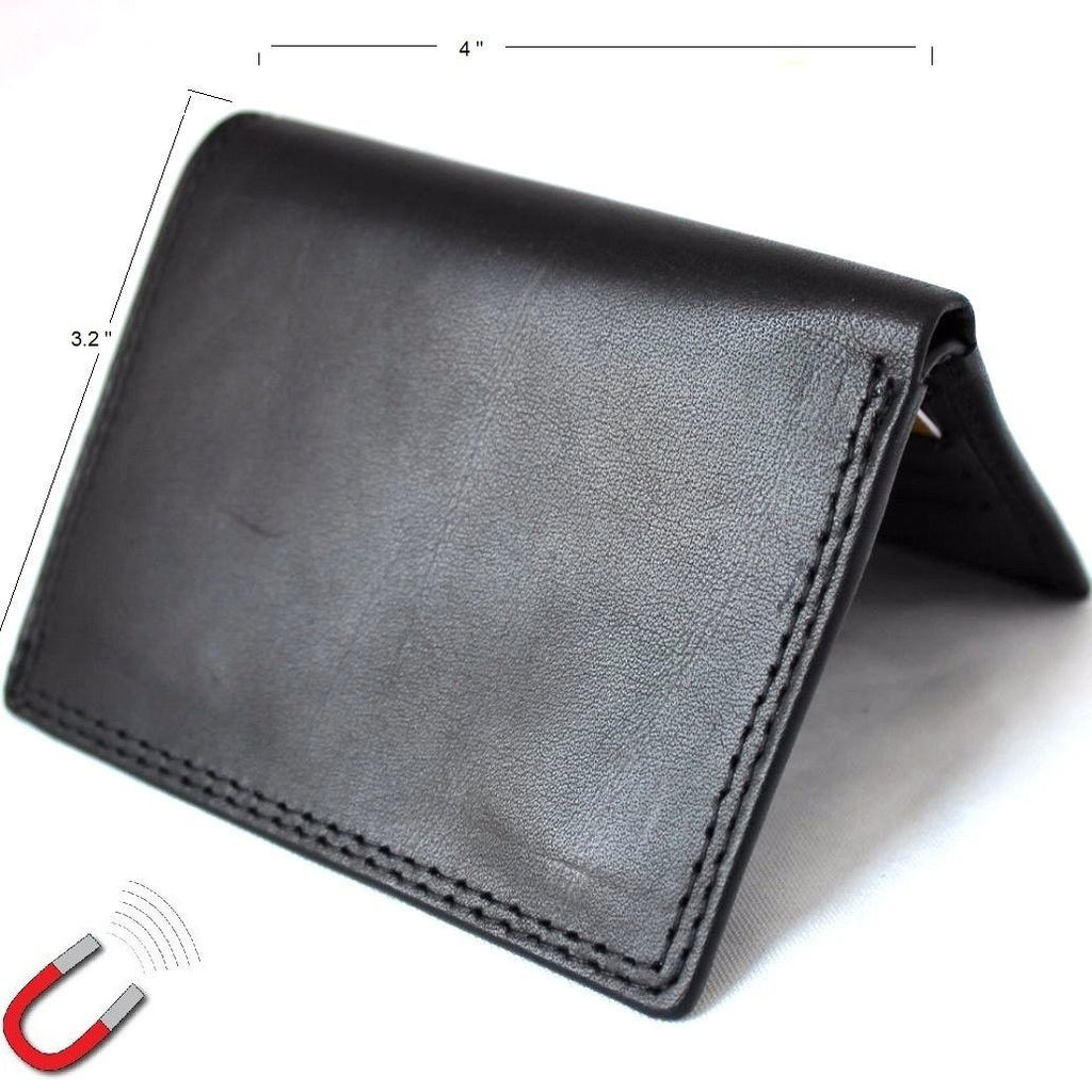 Men's black genuine leather mini wallet with card slots, zipper coin pocket, magnetic closure, soft texture, slim design.