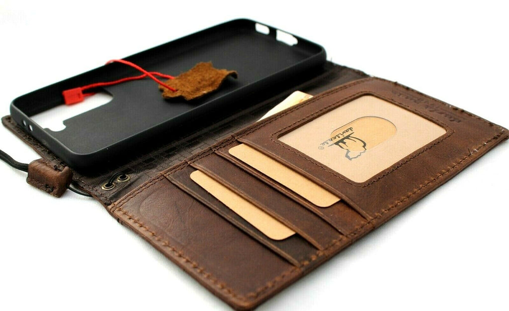 Vintage leather Samsung Galaxy S21 case with wallet design, card slots, ID window, and wireless charging holder by DAVISCASE.